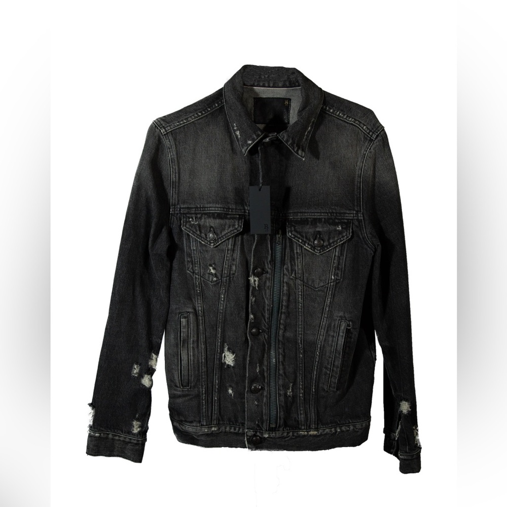R13 men’s distressed black denim jacket